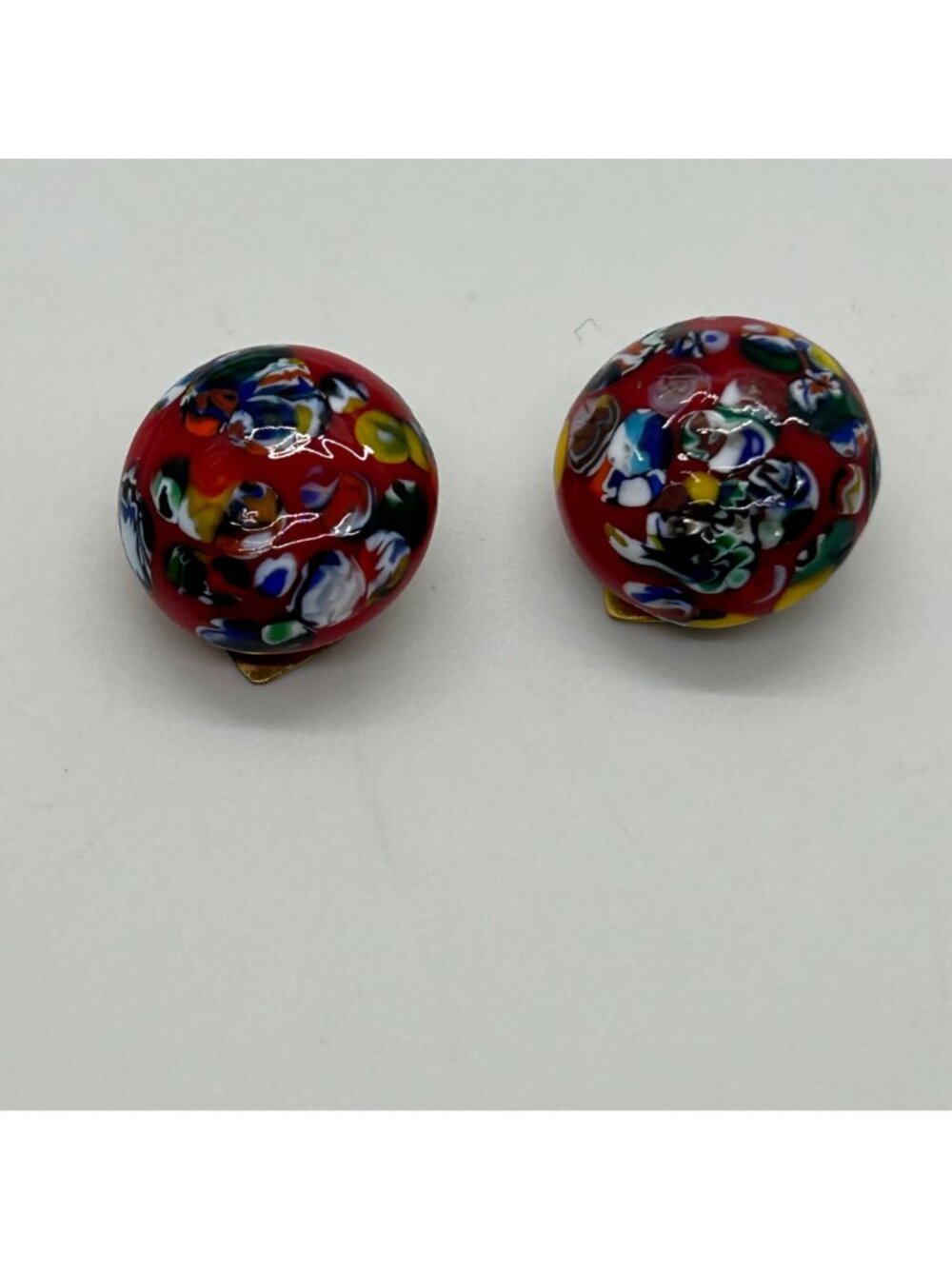 Millefiori Glass Clip-On Earrings Red Dome Multi-Color Mosaic Vintage - Picture 2 of 16